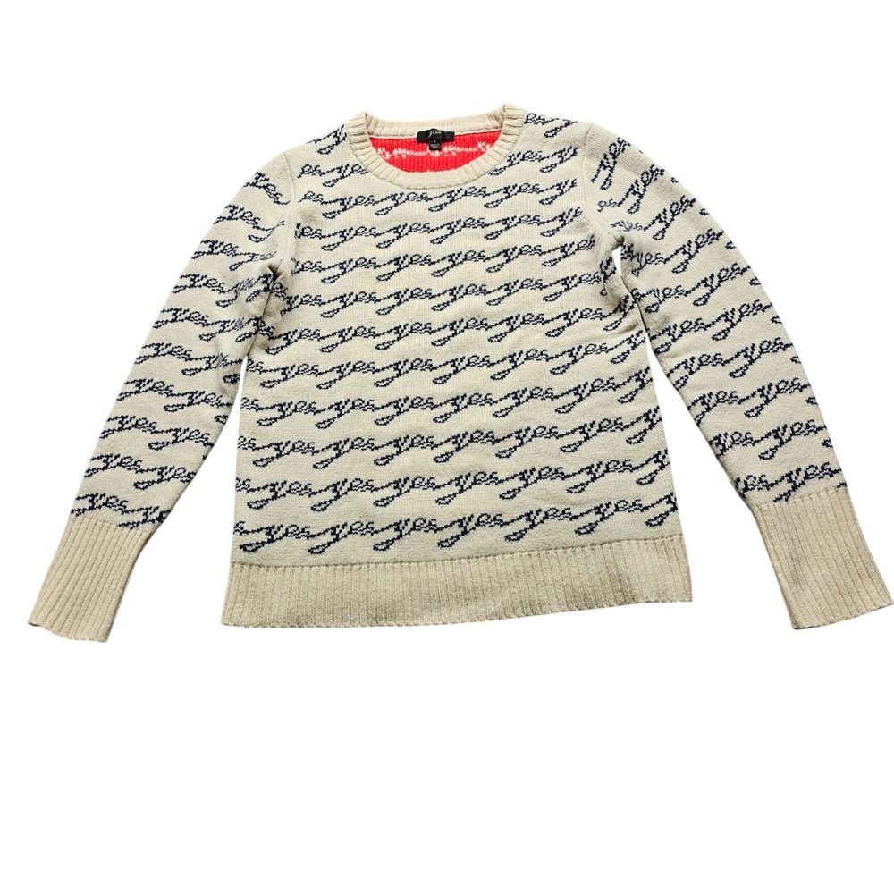 J.Crew Yes No Script Pattern Sweater Womens S Cream Navy Red Pullover Knit